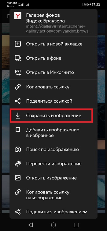 сохранить картинку из галереи изображений в Яндекс Браузере